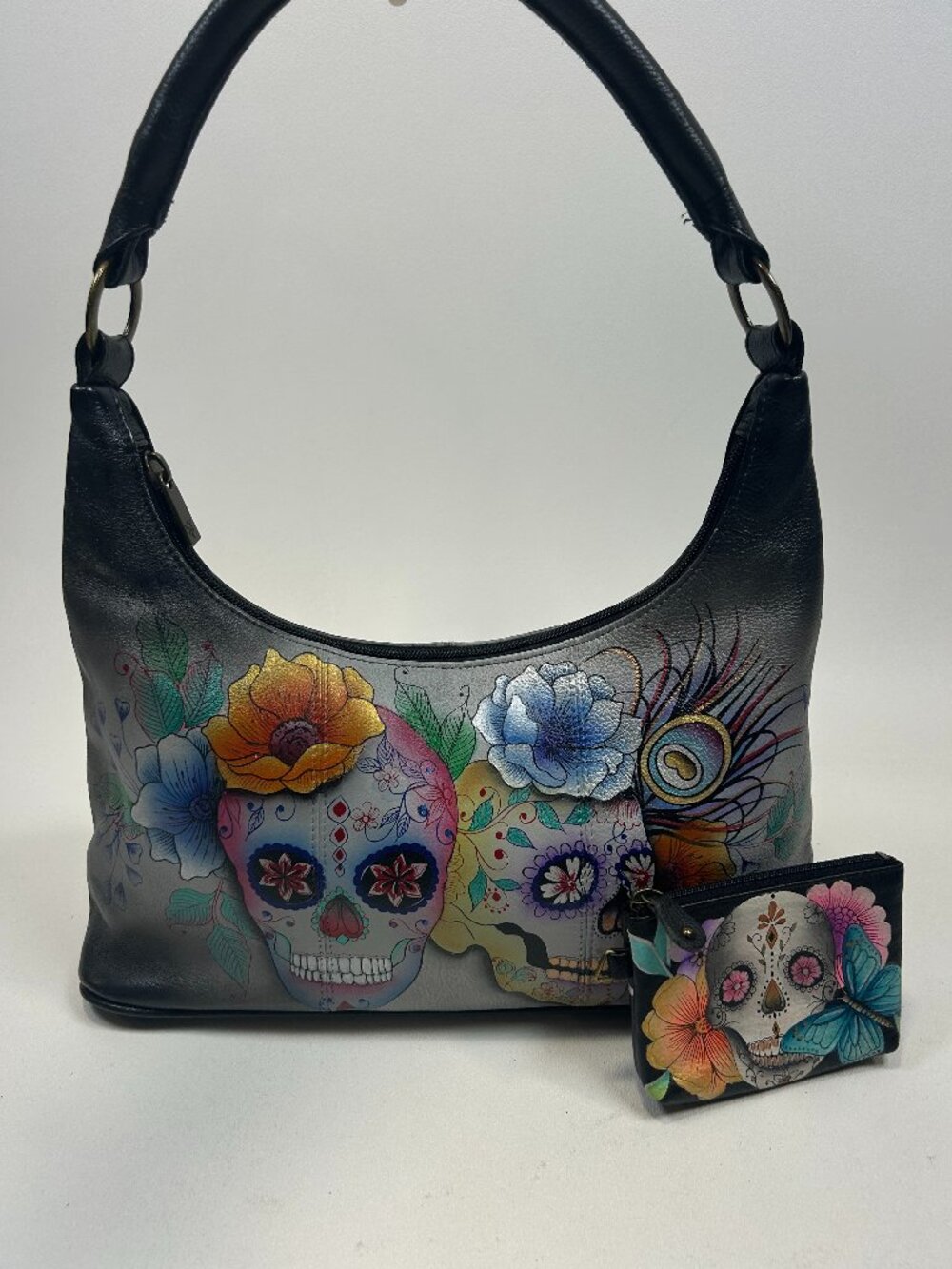 ANUSCHKA Sugar Skull Leather Shoulder Bag & Coin Purse Hand-Painted